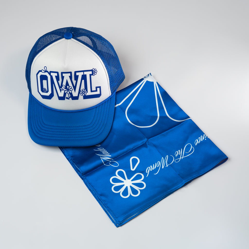 casquette-bleu-owl-avec-foulard-en-satin-bleu